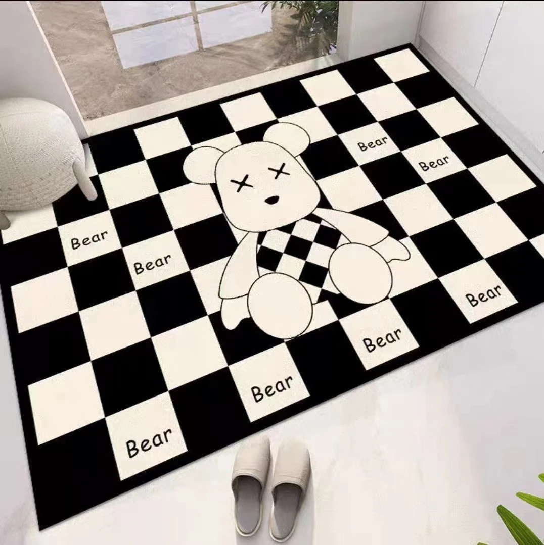 棋盘格小熊 时尚简约门厅玄关家用吸水地毯地垫水晶绒 L88