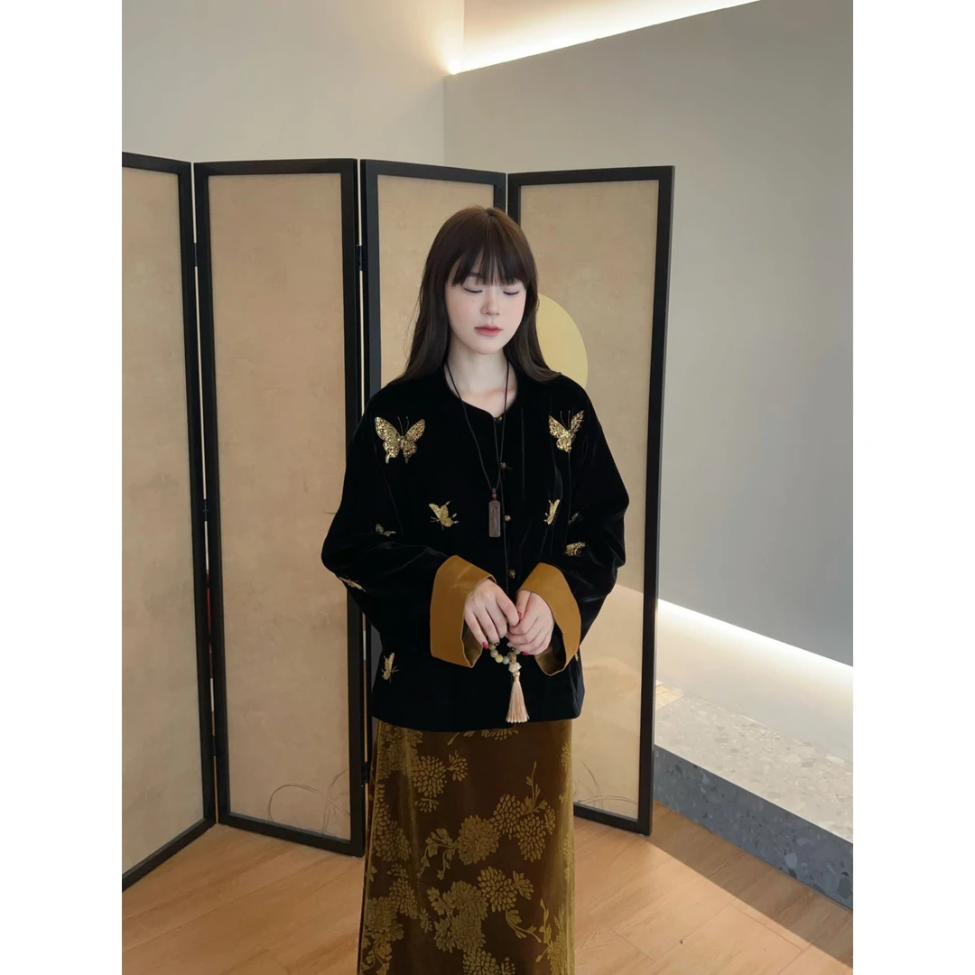 armoirelin  秋季新款新中式蝴蝶长袖气质丝绒外套上衣