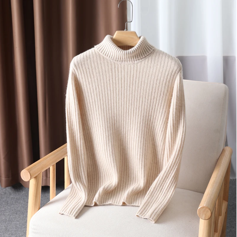 【经典之约】康A加厚坑条100%纯山羊绒高翻领女羊绒衫新XP23079