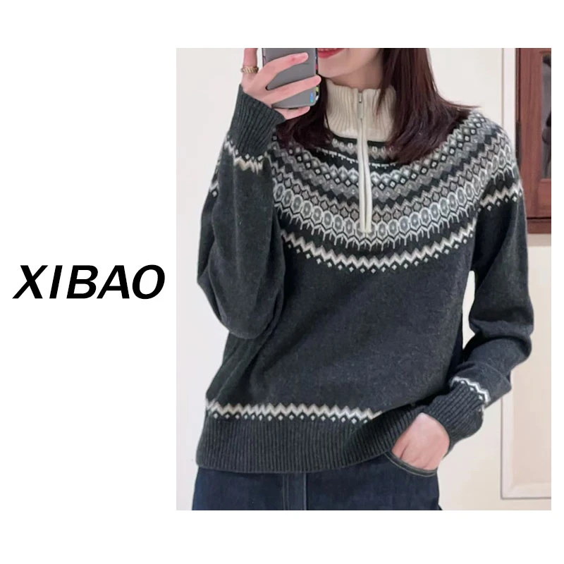 祺祺专属【之某禾费尔岛提花】半拉链加厚纯羊绒半高上衣YM478937