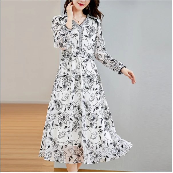 ZHUOXI/着西 桑蚕丝刺绣时尚长裙显瘦气质连衣裙8625