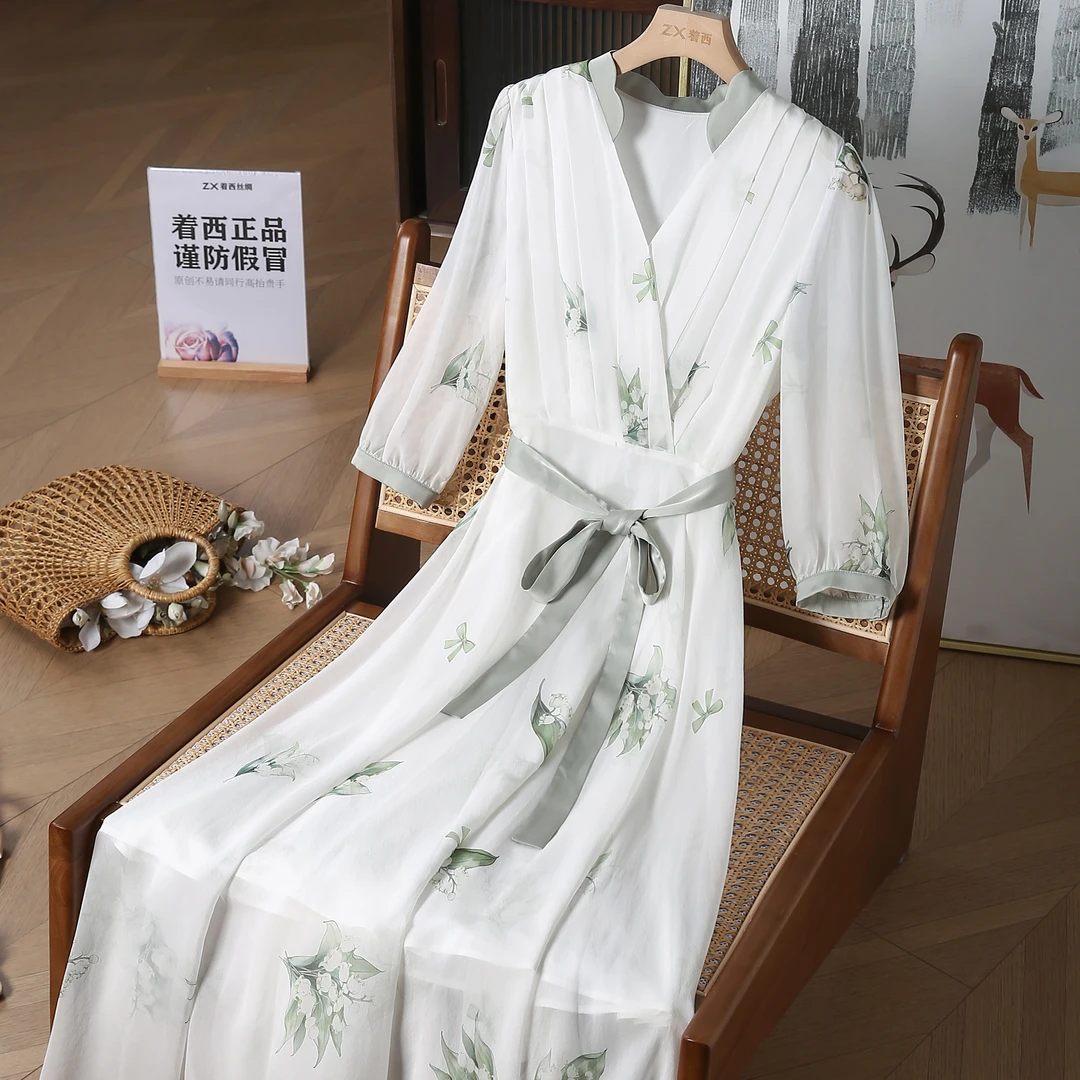 ZHUOXI/着西真丝连衣裙桑蚕时尚V领碎花丝印连衣裙2Q287