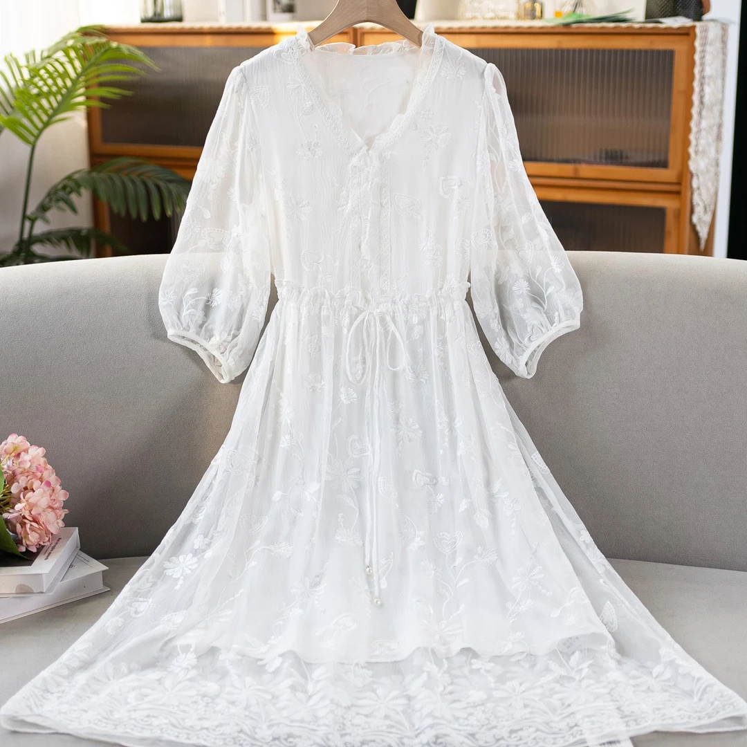 ZHUOXI/着西桑蚕丝刺绣显瘦优雅气质七分袖连衣裙9691