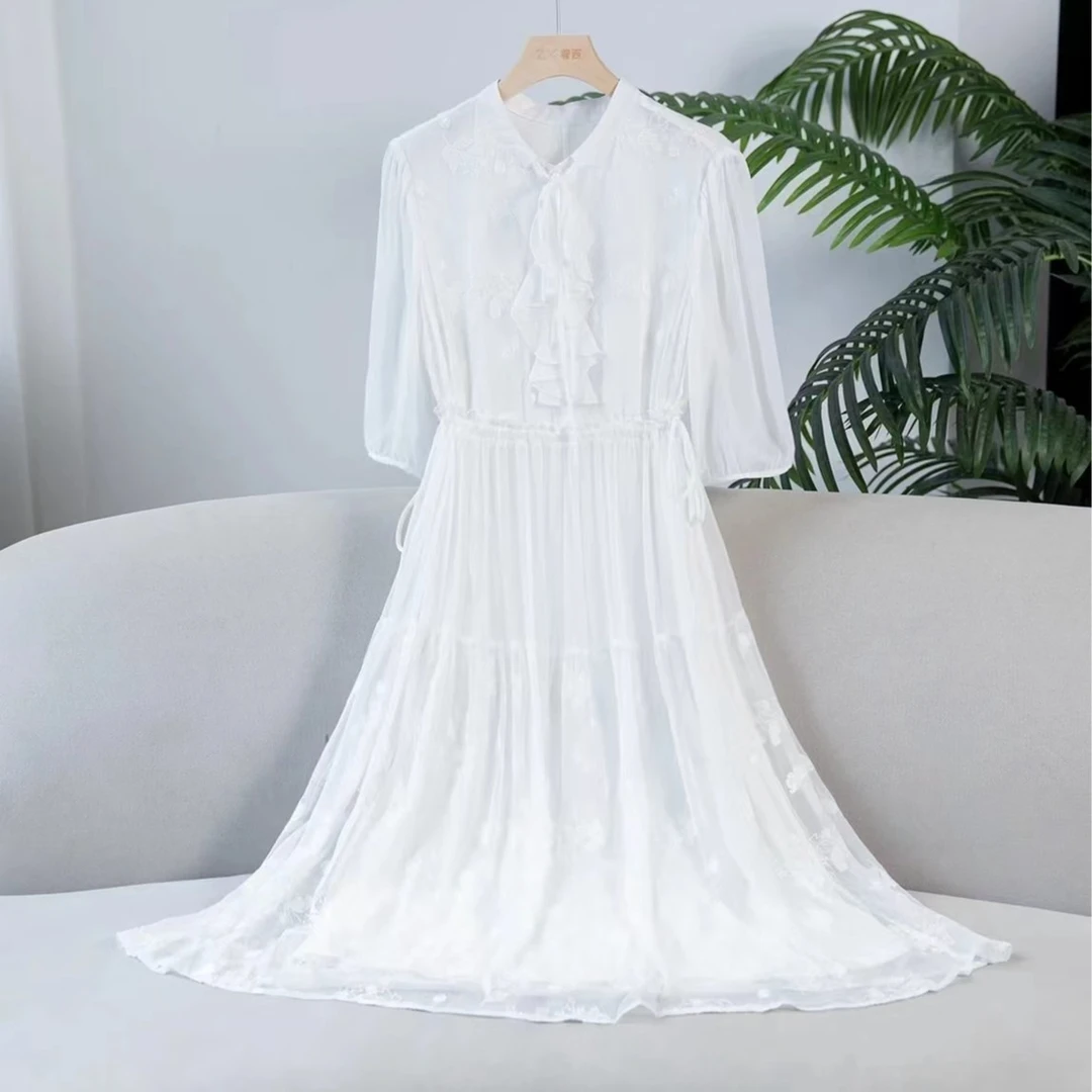 ZHUOXI/着西桑蚕丝刺绣气质收腰显瘦法式连衣裙2Q660012