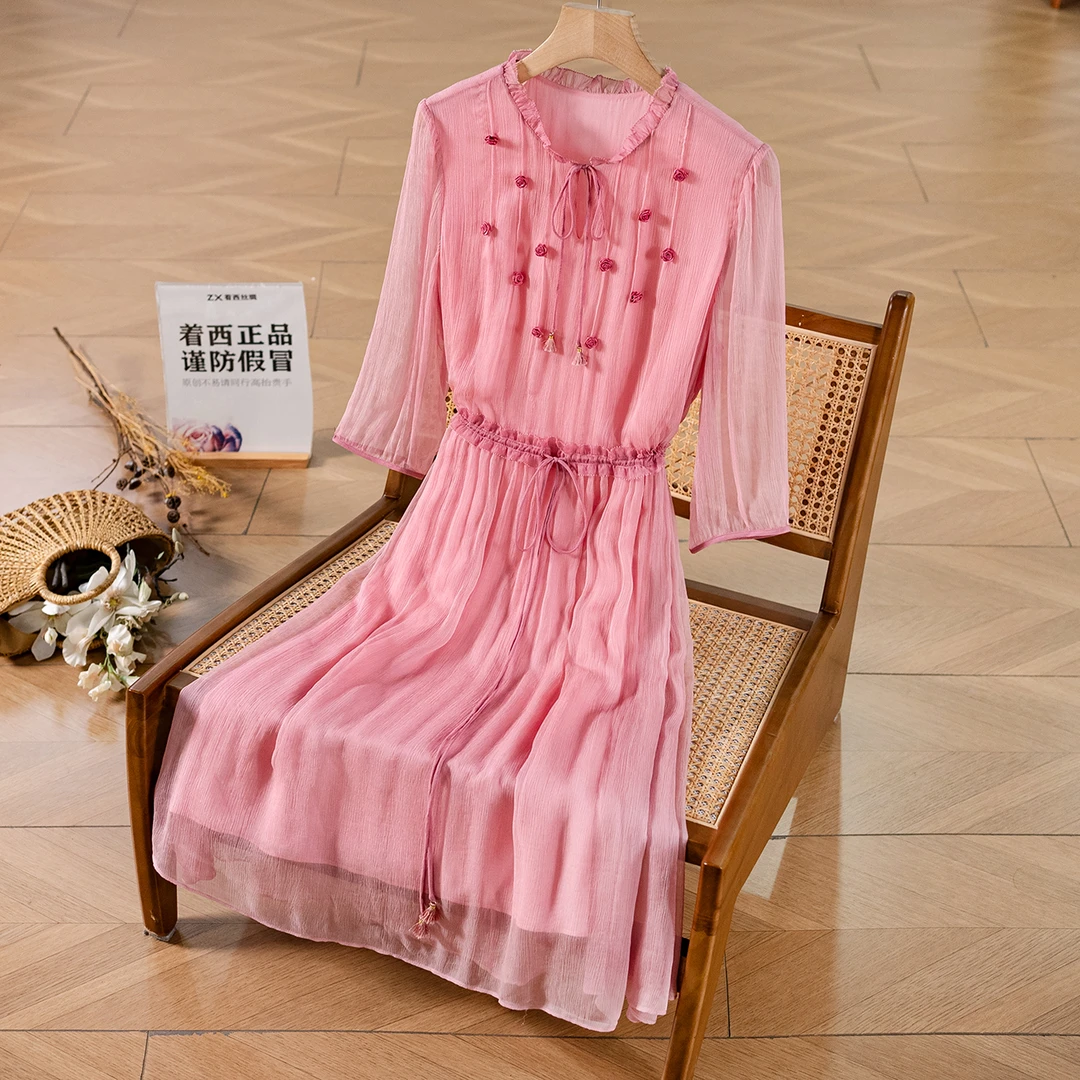 ZHUOXI/着西桑蚕丝气质优雅显瘦中式连衣H02B003