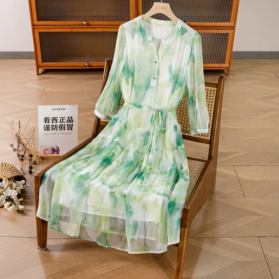 ZHUOXI/着西桑蚕丝气质显瘦绿色印花连衣裙2Q660156