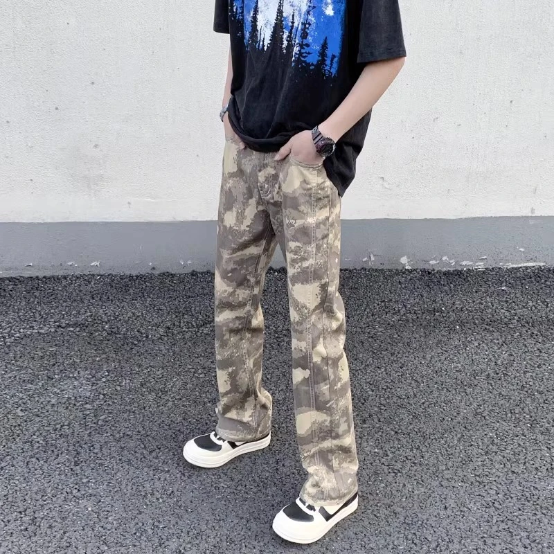 美式街头迷彩工装牛仔裤男高街vibe修身显瘦直筒长裤潮牌痞帅裤子