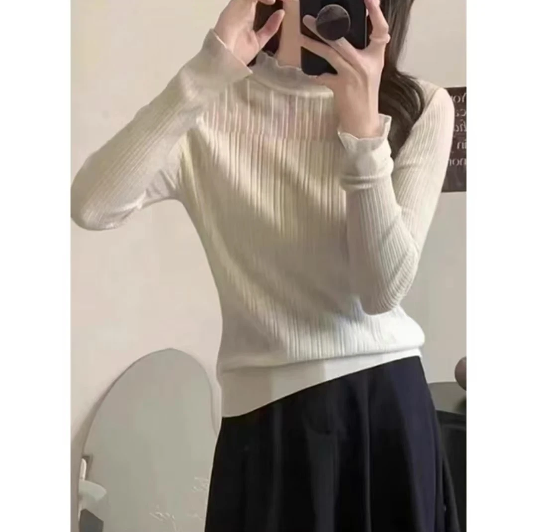 秋冬绵羊毛针织打底衫女内搭蕾丝上衣爆款2004新款洋气网红毛衣