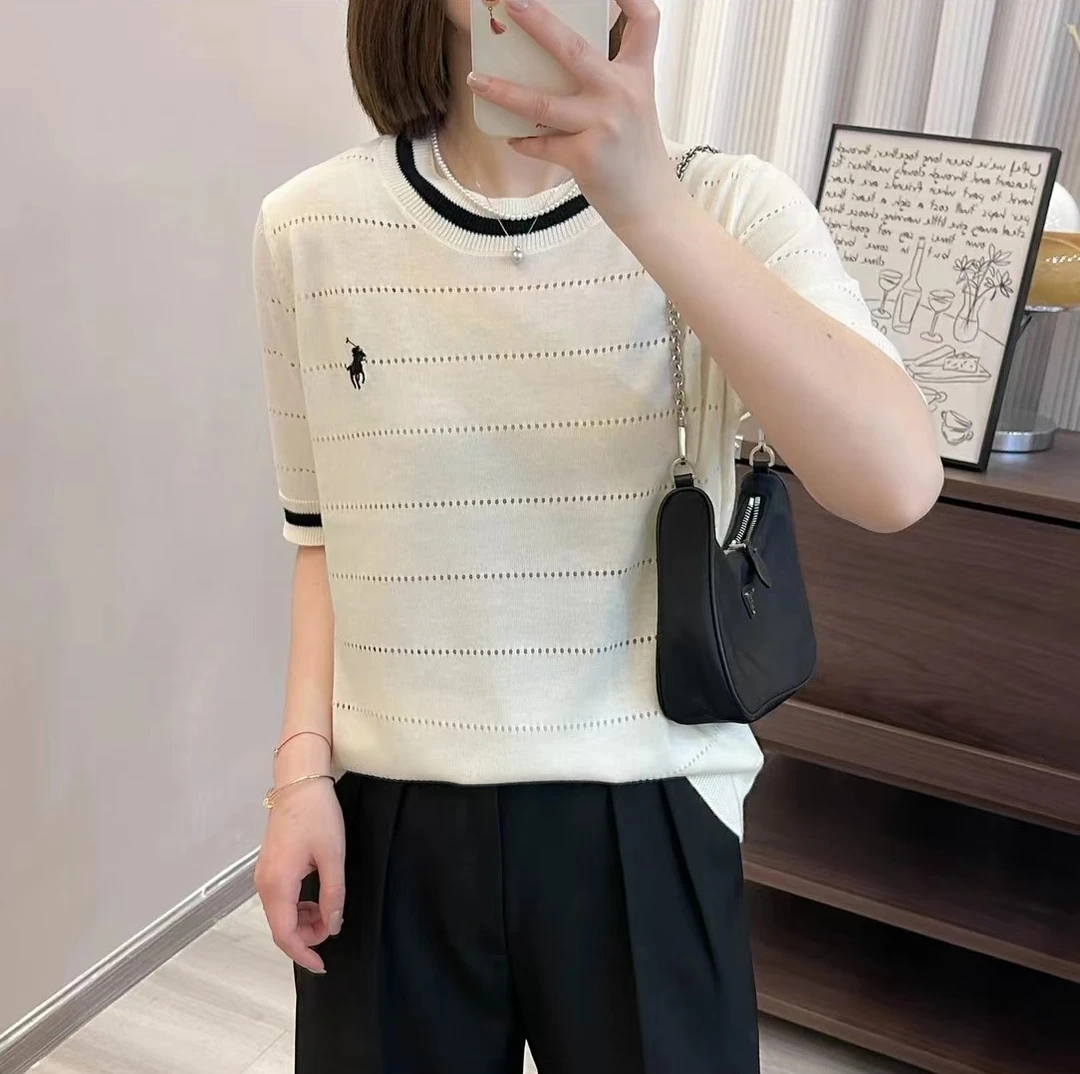 Z【拉夫】刺绣短袖套头薄款气质百搭时尚显瘦圆领短袖上衣女针织衫1