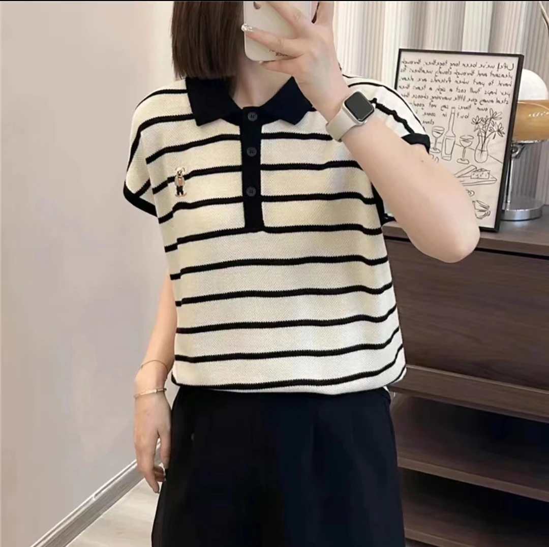 【小熊刺绣】夏季薄款气质洋气新款显瘦休闲时尚显瘦翻领针织短袖1