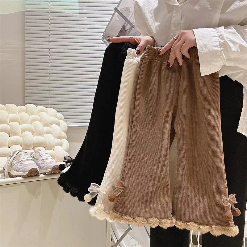 女童小毛球蝴蝶结阔腿裤冬季2023新款女宝宝休闲花边阔宝宝绒裤子
