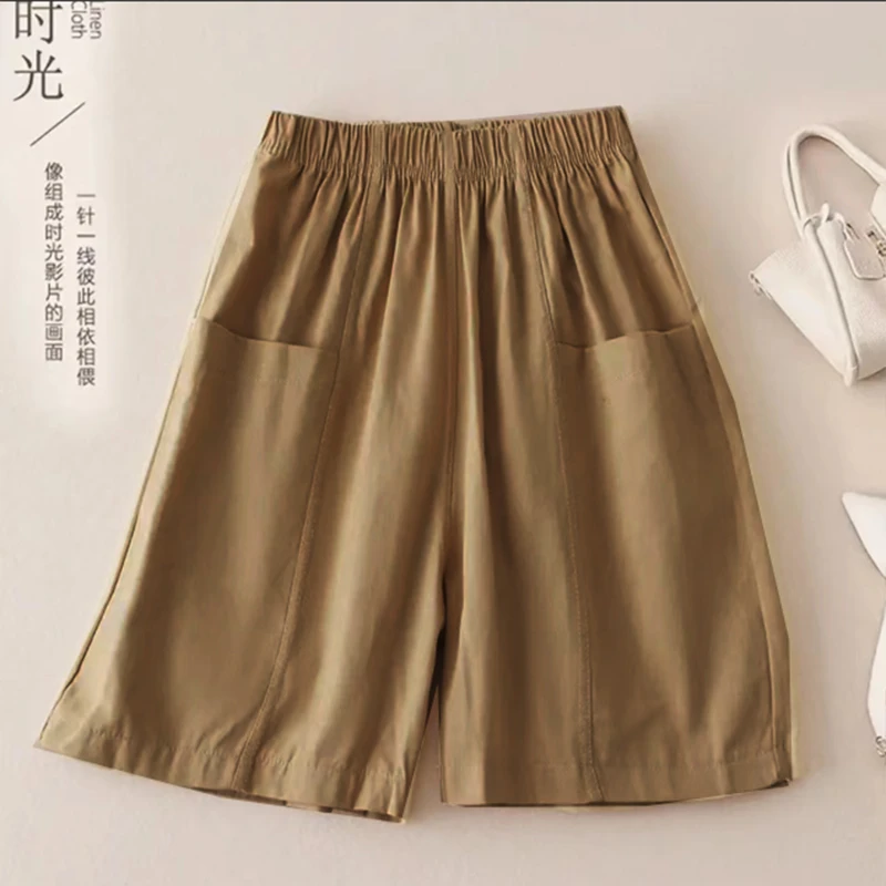 夏季外穿舒适显瘦松紧腰阔腿裤女士高腰休闲五分裤大码百搭休闲裤