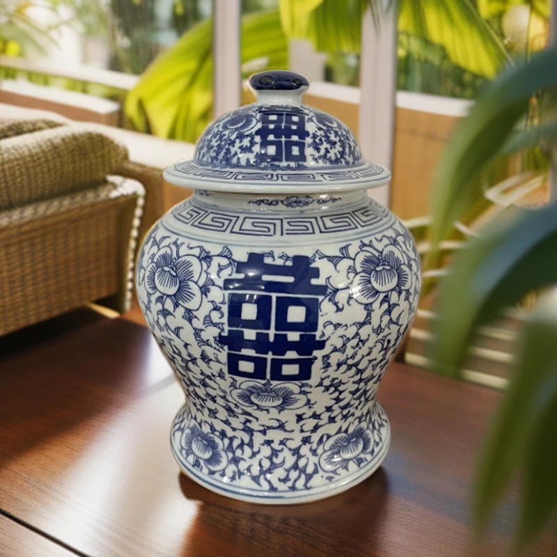 青花瓷陶瓷缠枝中式将军罐80件喜字将军罐1个茶叶零食储物罐摆件