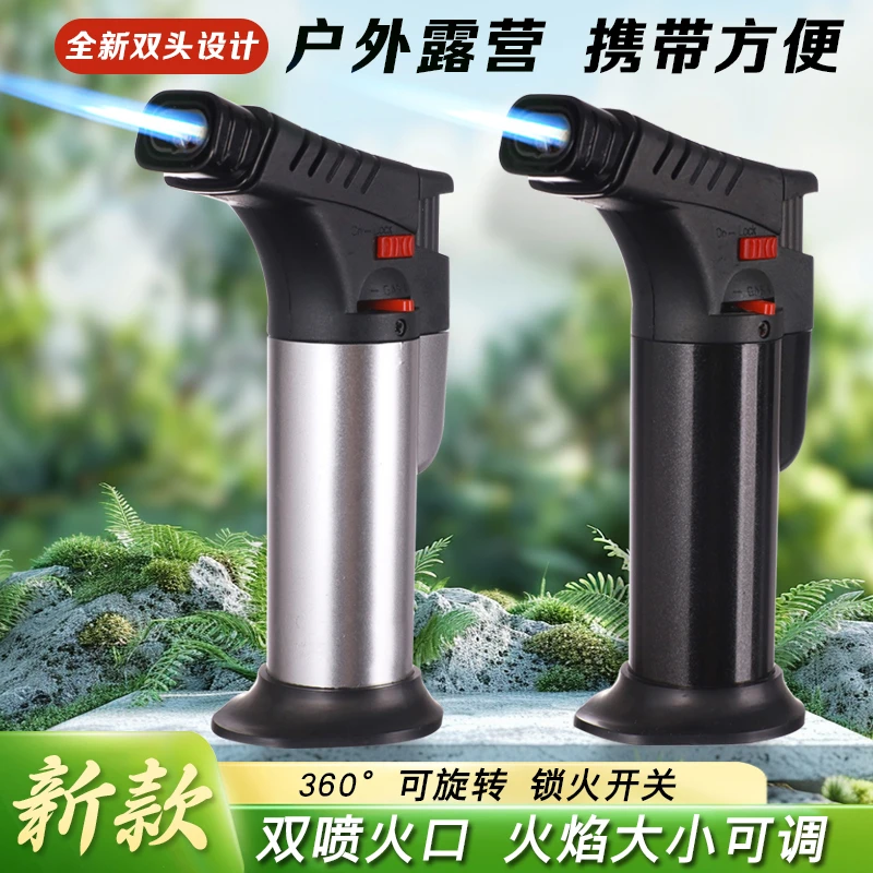 新款防风直冲打火机双焰点艾灸烧烤喷火枪大火力户外点火器喷枪