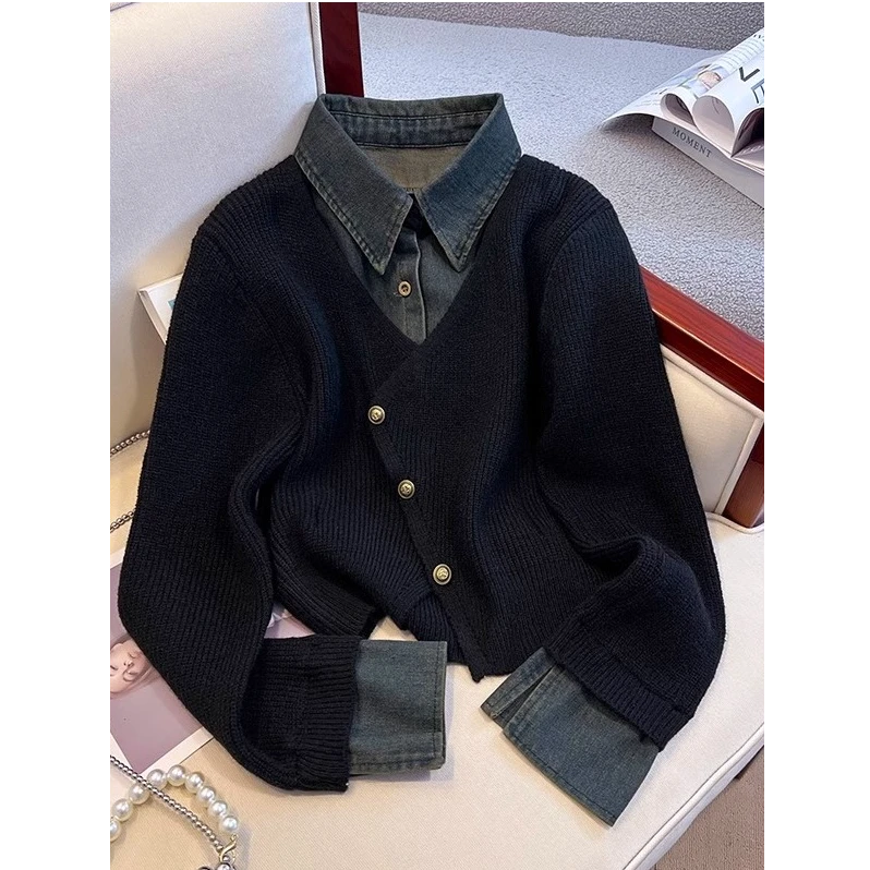 设计感牛仔拼接假两件翻领针织开衫秋冬百搭2025年流行漂亮毛衣女