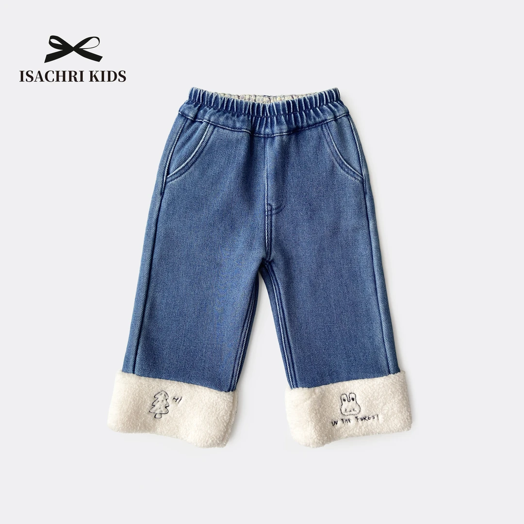 晶晶家【现发】瑞雪兔翻边牛仔儿童加绒牛仔裤秋冬宝宝保暖IS263