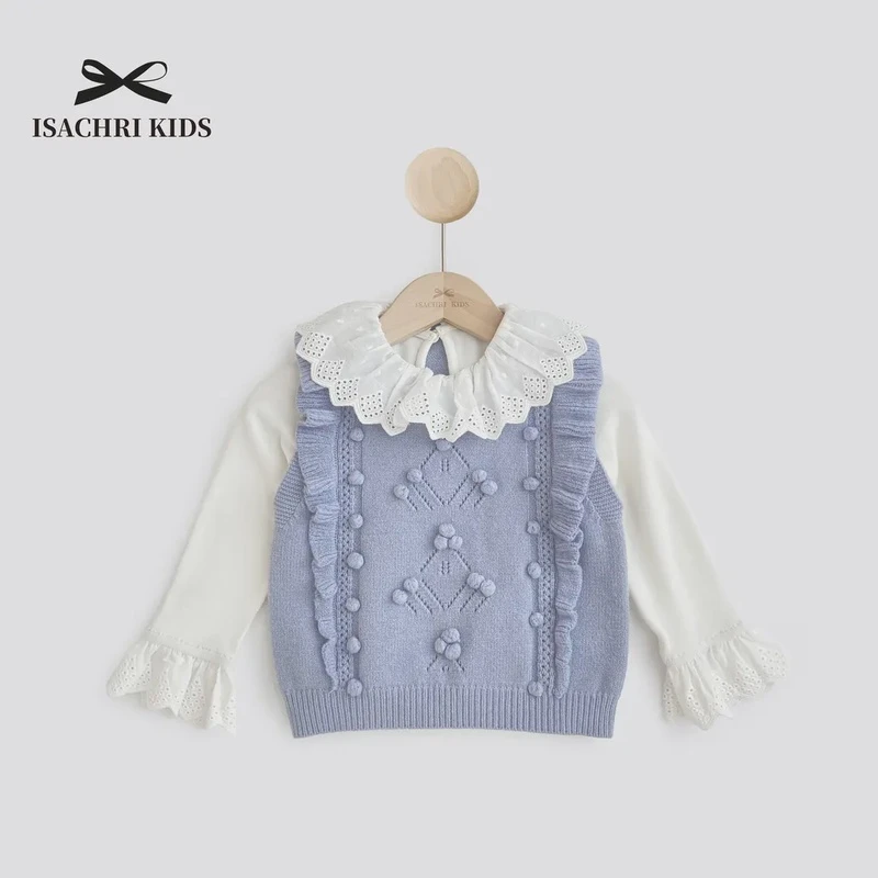 晶晶家【克莉丝汀】手工球球~女童针织背心秋儿童叠穿毛衣马甲IC556