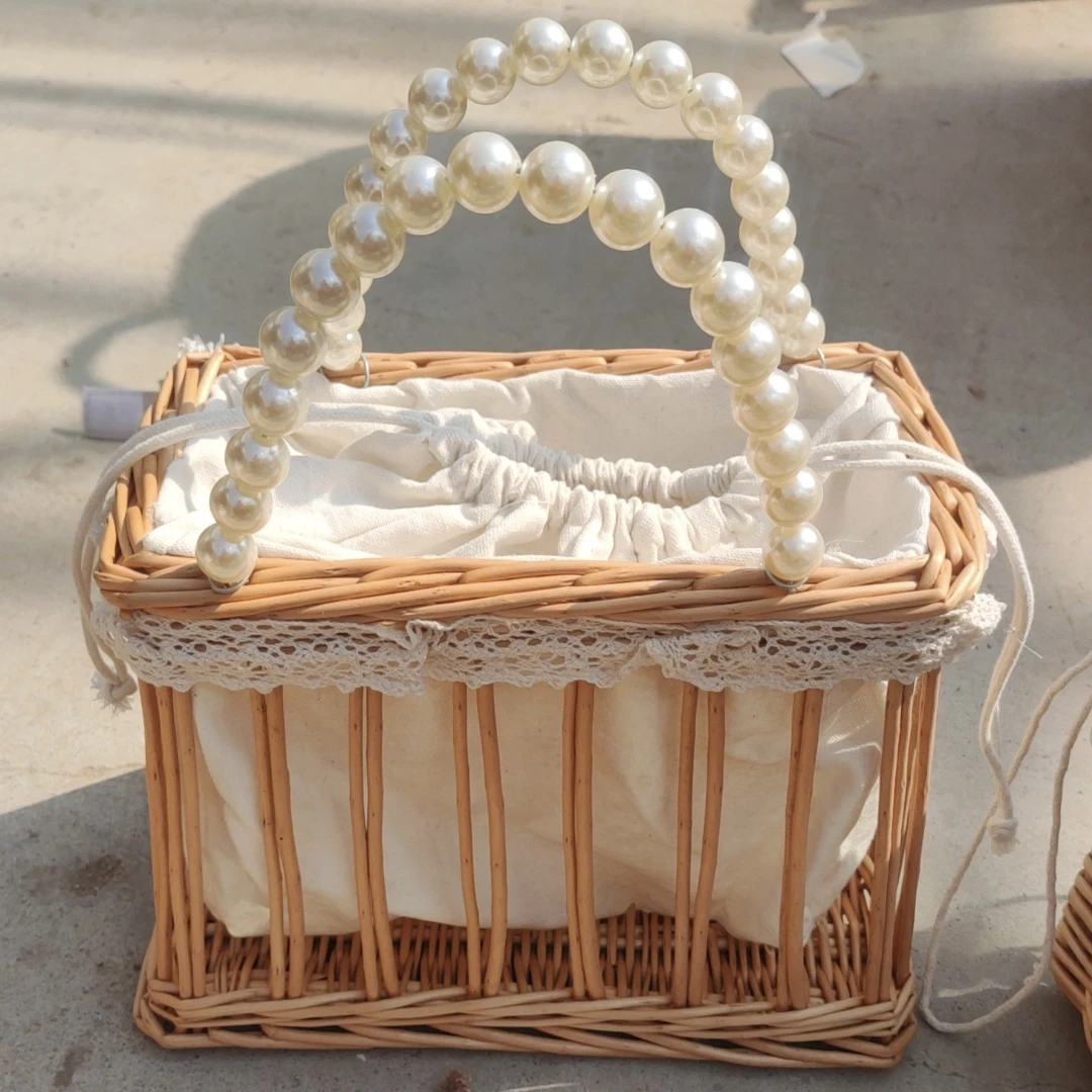 珍珠链条伴手礼手提篮花篮野餐篮藤编竹编草编创意水果篮篮子