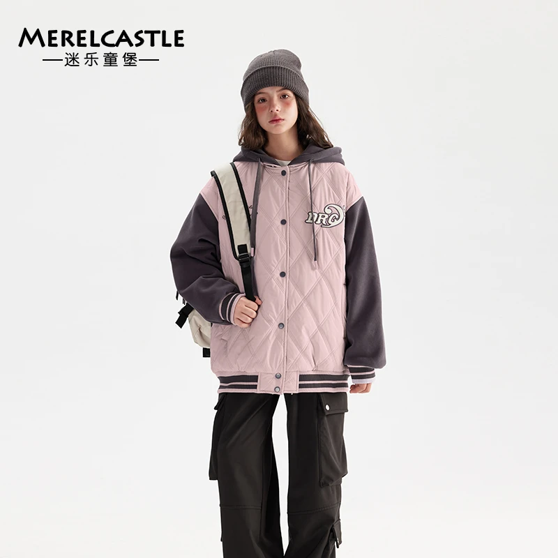 C4083女童夹棉棒球服中大童2024秋冬加厚保暖连帽外套休闲时尚