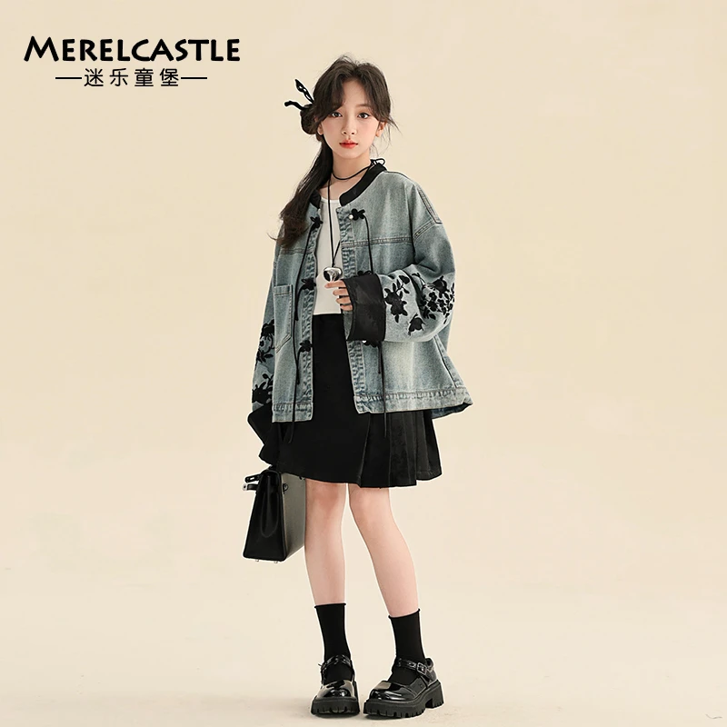 C3267女童新中式牛仔外套秋季新款中大童洋气女孩绣花上衣亲子装