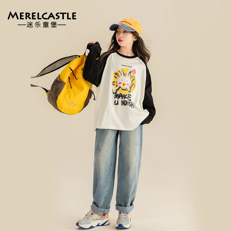 C3202女童长袖t恤2025新款儿童春秋款插肩袖打底衫女大童春装上衣