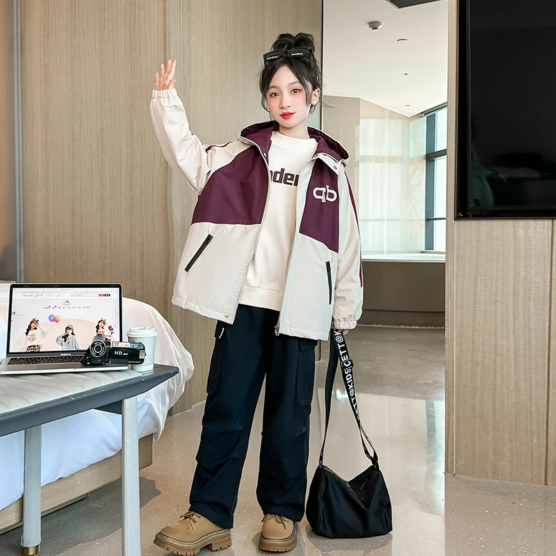 C2791女童加厚棉服冲锋衣中大童新款休闲洋气冬季撞色保暖外套