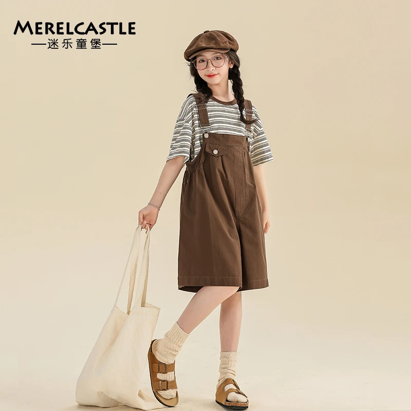 女童夏季套装2024新款儿童洋气条纹短袖宽松休闲背带裤两件套3473