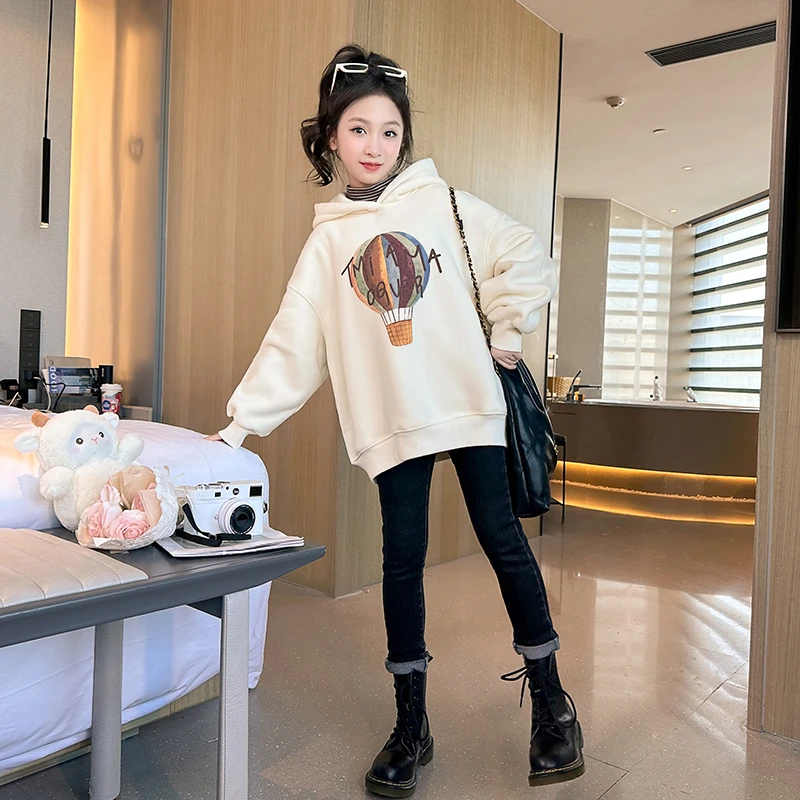 女童新款加绒连帽卫衣2023新款中大童韩版时髦洋气保暖上衣3044