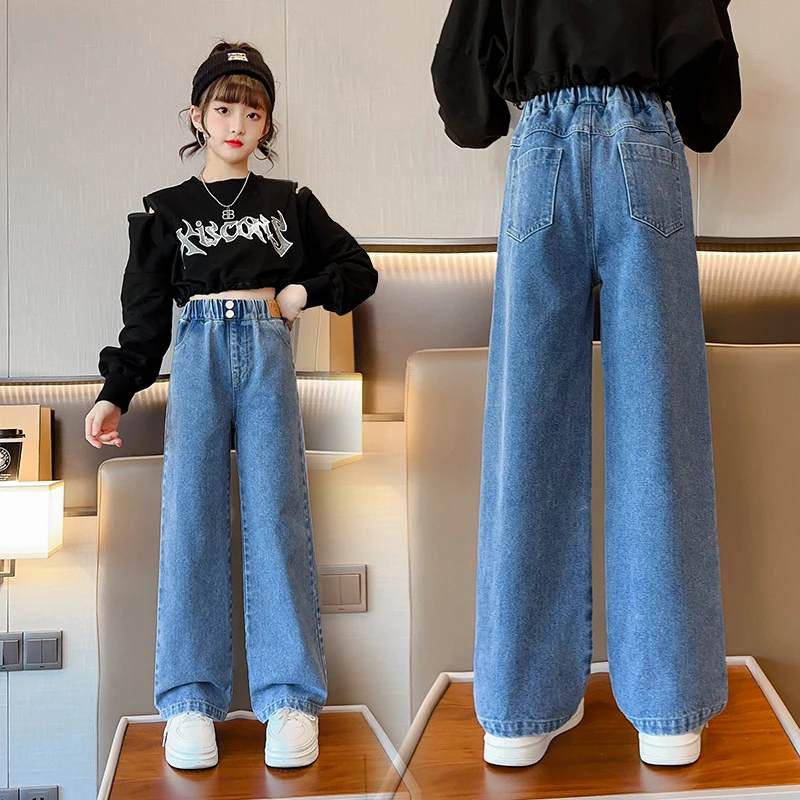 女童时尚春秋款腰间贴标牛仔阔腿裤clsn中大童洋气宽松直筒显瘦裤