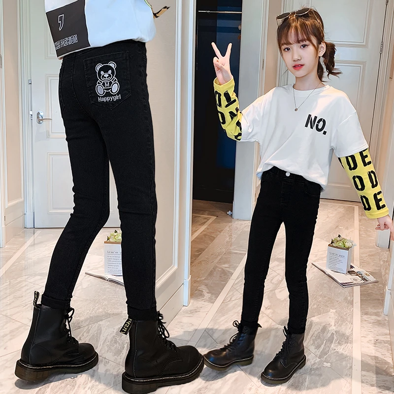 女童牛仔裤秋冬装2023新款儿童铅笔裤中大童弹力修身黑色小脚裤子