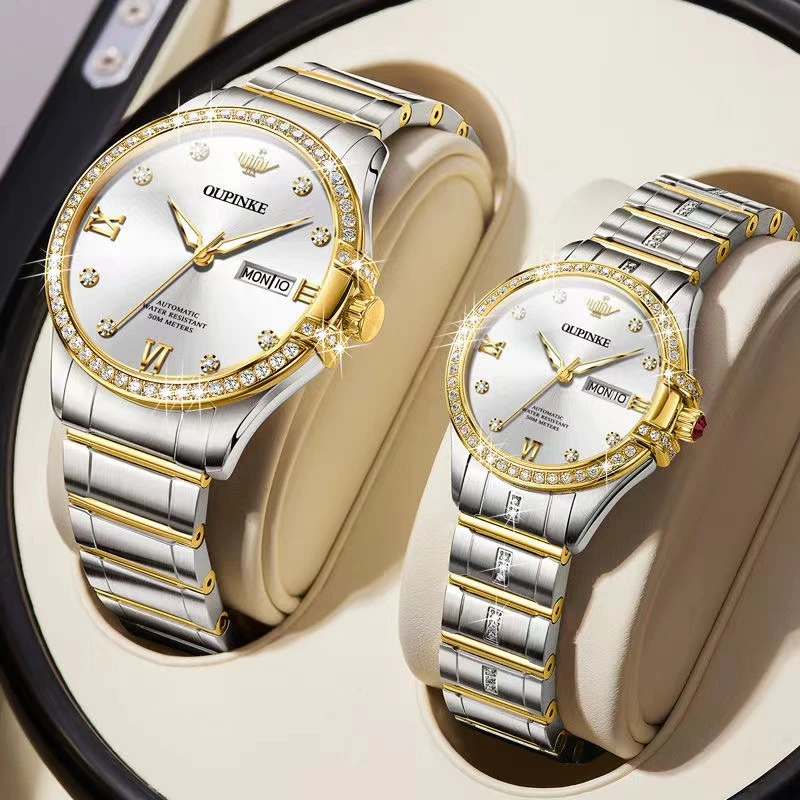 品牌时尚简约男士女士手表镶钻全自动高档情侣机械手表夜光防水表