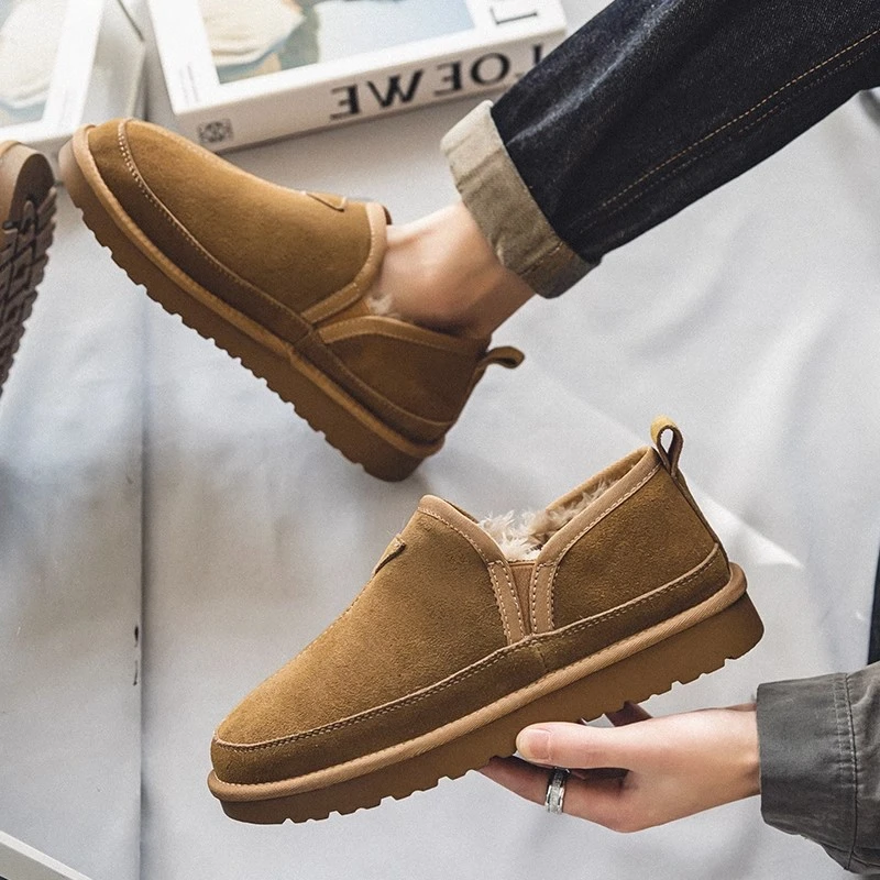 棉鞋男冬季东北马丁靴翻毛真皮保暖加绒靴子潮牌低帮一脚蹬雪地靴