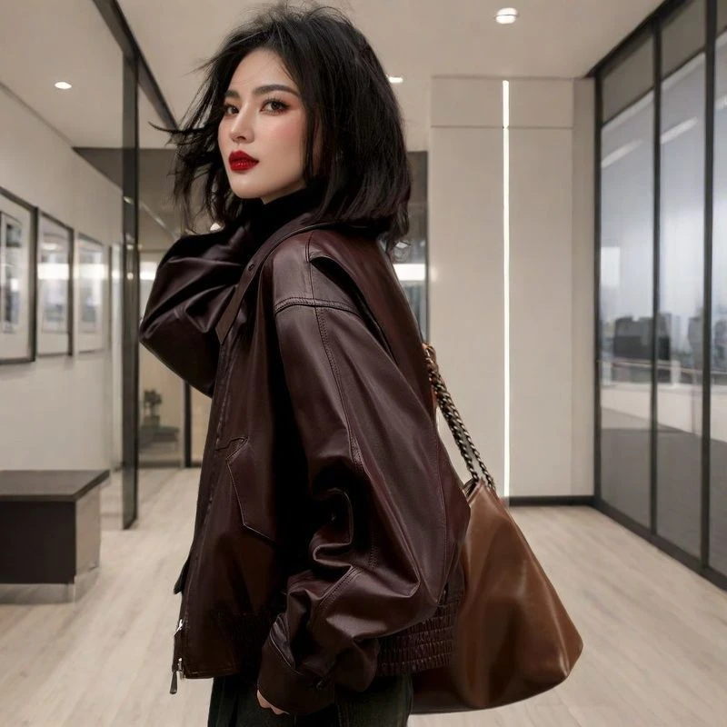 欧货2024春秋新款短款皮夹克外套女装时髦复古美拉德机车百搭皮衣