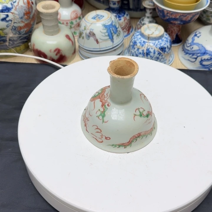 陶瓷工艺品摆件红绿彩高足杯标本星**光
