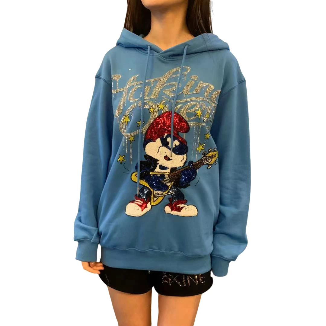 潮牌蓝精灵吉他亮片时尚休闲带帽蓝色帽衫T21112C6009