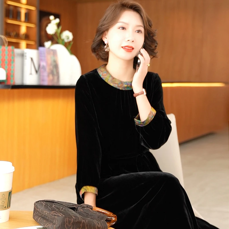 时尚真丝丝绒女士气质修身妈妈高贵连衣裙2024新款复古桑蚕丝显瘦