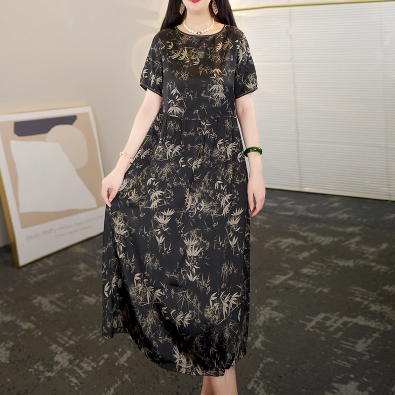 真丝杭州连衣裙夏2024新款桑蚕丝女装连衣裙妈妈宽松连衣裙