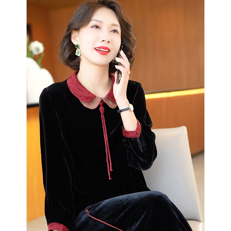 【直播专享】时尚印花丝绒女士上衣气质妈妈2024新款秋冬休闲洋气