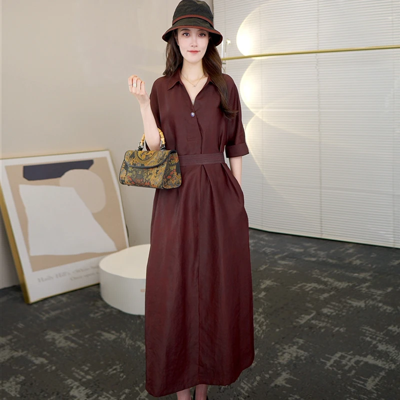 红云纱夏季2025大牌杭州香云纱真丝连衣裙女气质妈妈桑蚕丝裙子