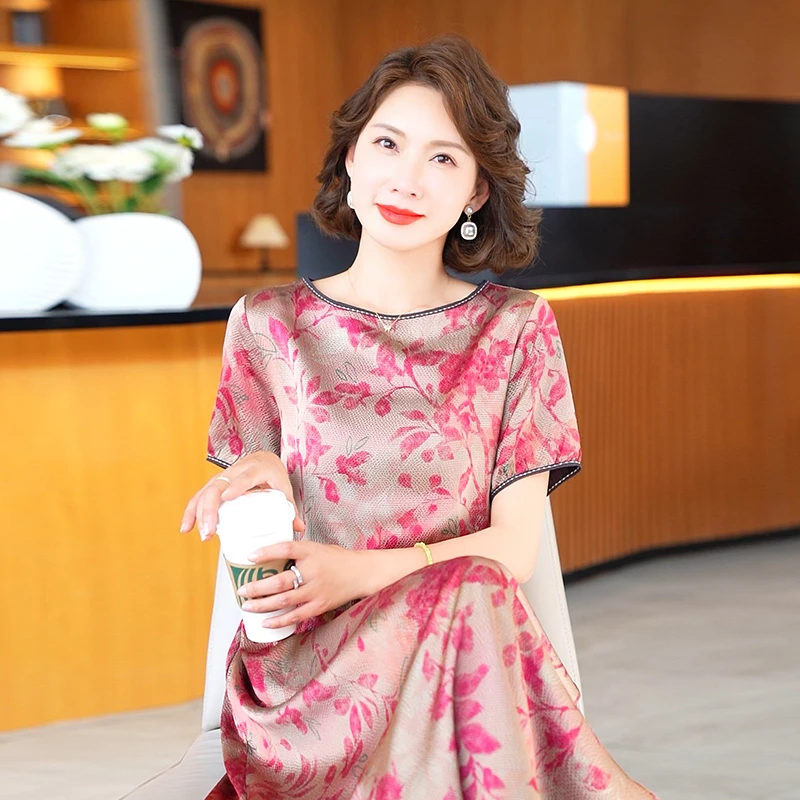 真丝杭州连衣裙夏2024新款桑蚕丝女装连衣裙妈妈宽松连衣裙