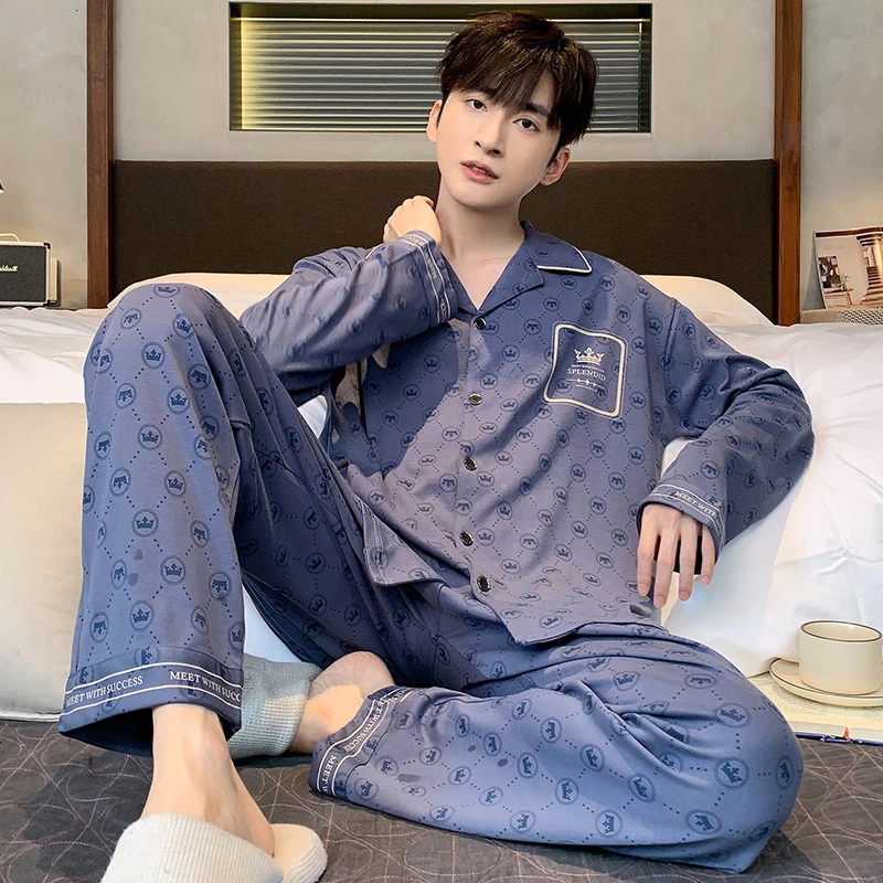 猫人纯棉睡衣男春秋季长袖开衫翻领简约高档大码男款家居服套装