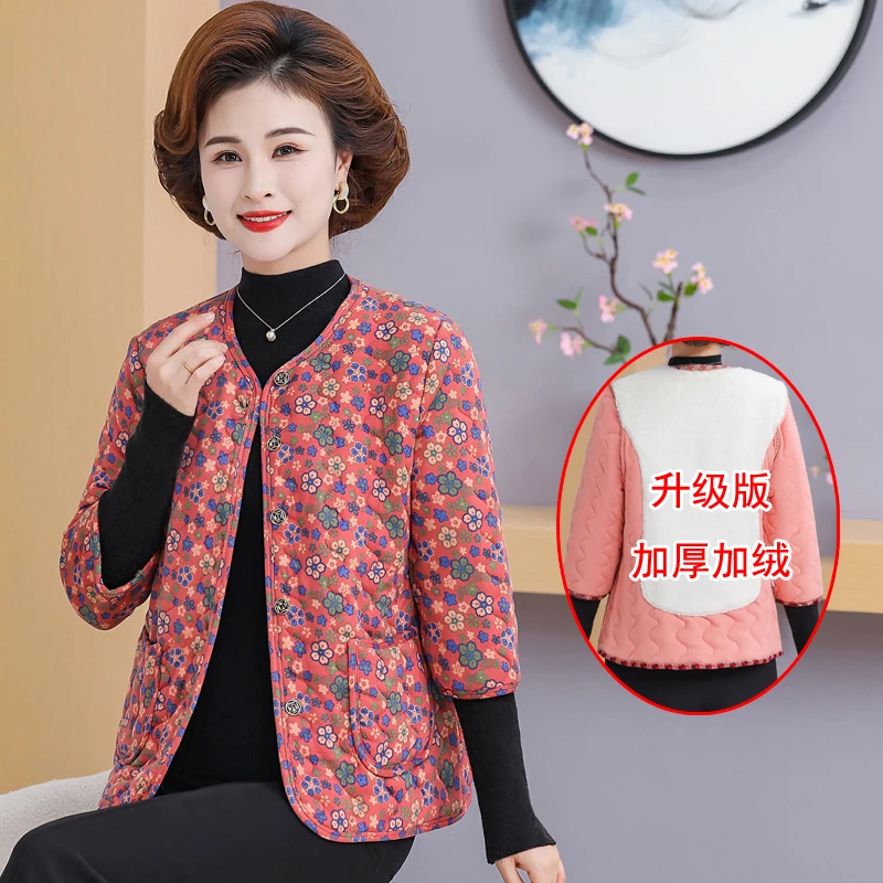 妈妈装加厚加绒马甲中老年女装冬装小棉衣老人碎花坎肩七分袖上衣