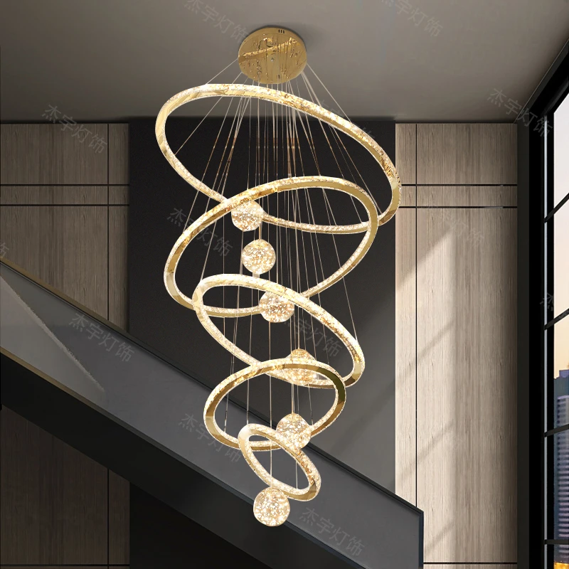 复式楼大气大吊灯楼梯长吊灯现代轻奢led水晶灯别墅挑空客厅灯具