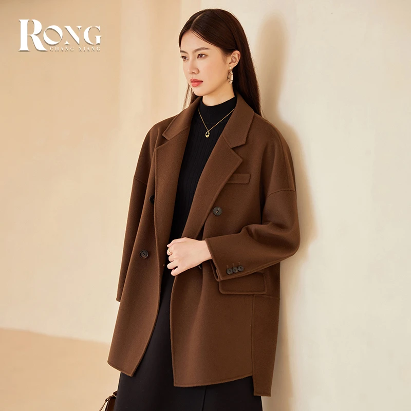 【荣昌祥】双面呢羊绒大衣女短款深咖色秋冬季小个子毛呢外套