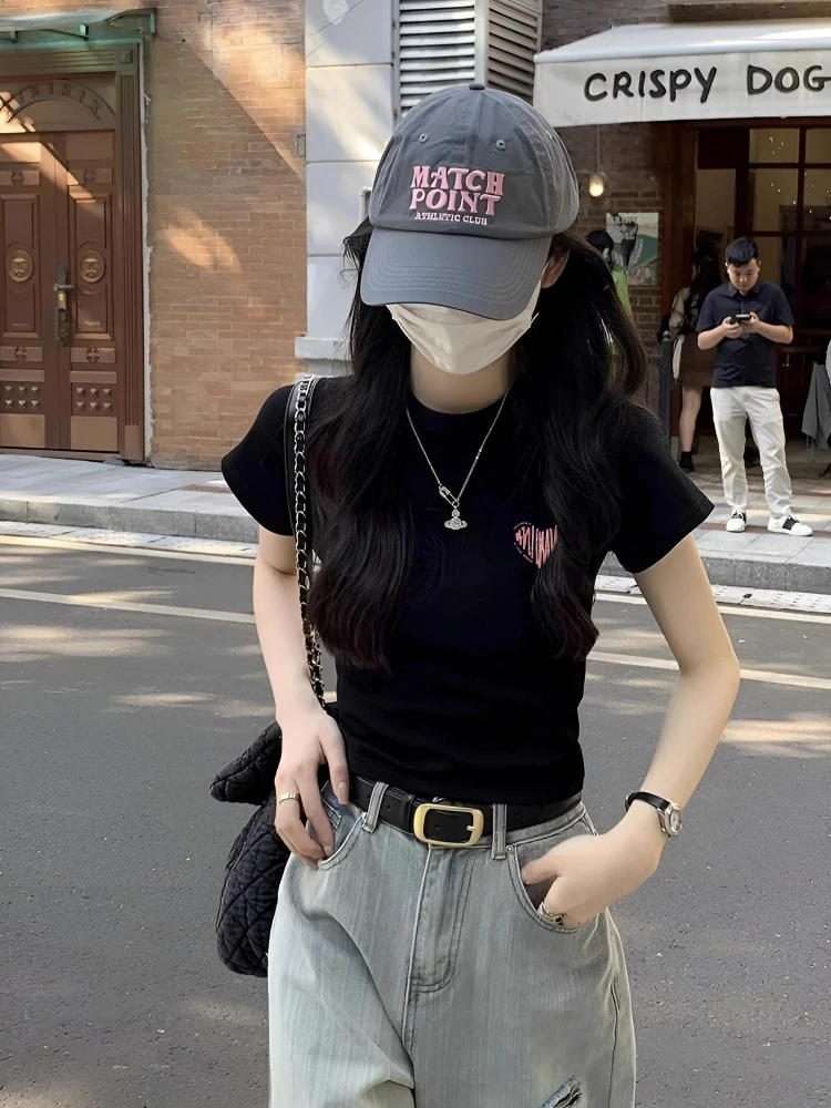 辣妹黑色正肩纯棉短袖T恤女装夏季2025新款气质修身显瘦短款上衣