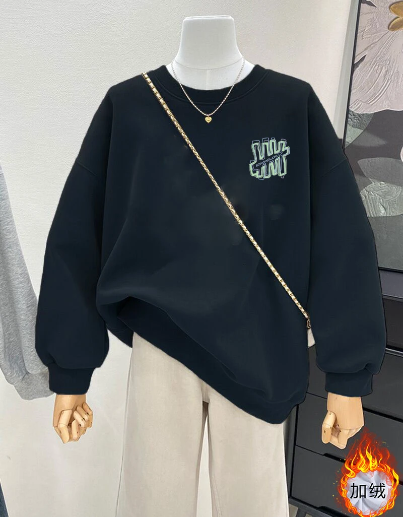 韩版圆领卫衣女秋冬季加绒加厚外套oversize宽松慵懒风上衣ins潮