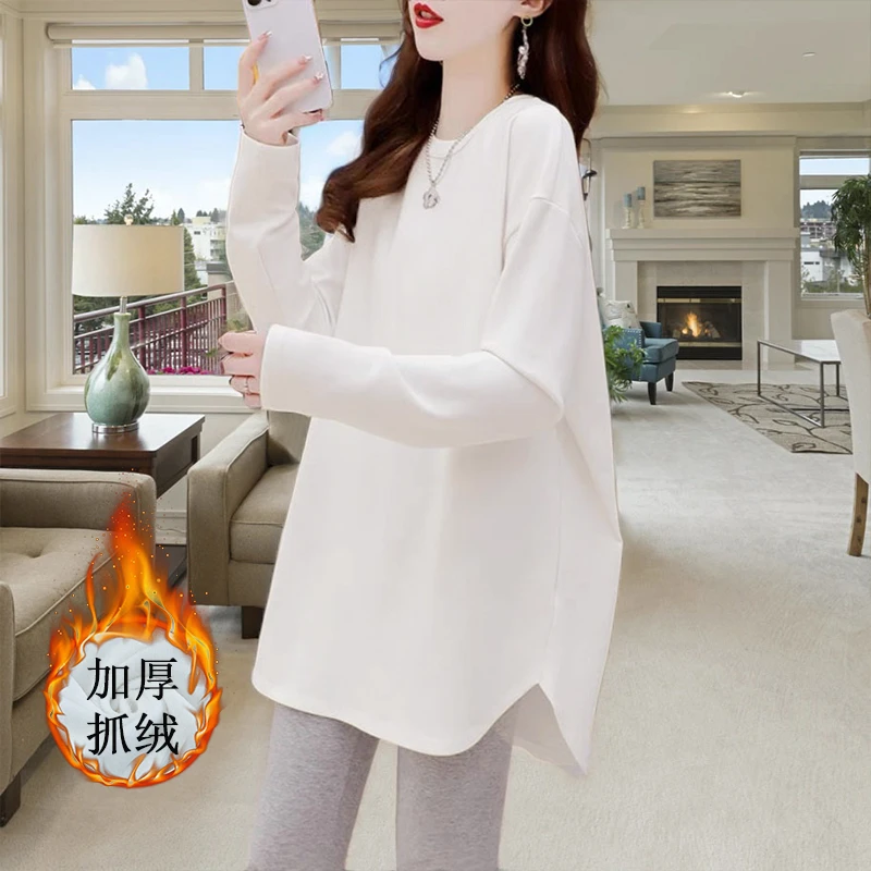 下摆开叉长袖T恤女秋冬季内搭打底衫韩版加厚抓绒宽松中长款上衣