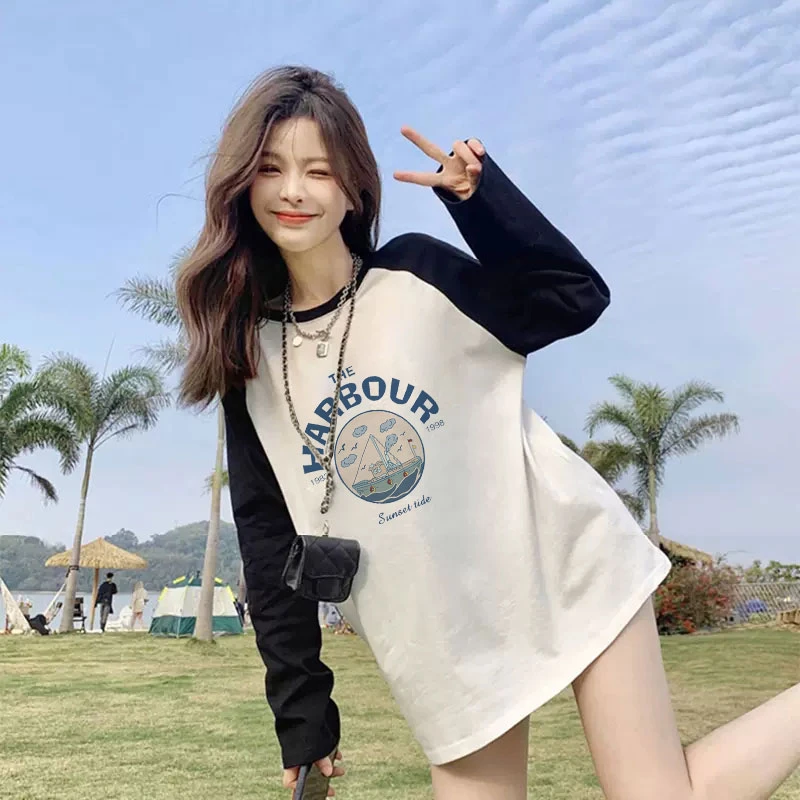 秋衣女款外穿洋气纯棉长袖t恤女春秋季打底衫撞色拼接圆领上衣服