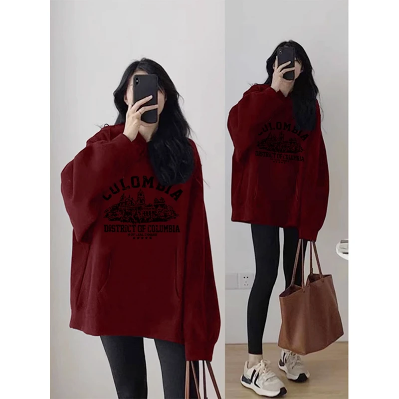 秋冬美式复古宽松酒红色卫衣外套女2024新款oversize加绒连帽上衣