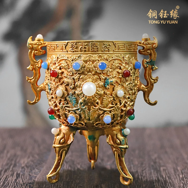 金瓯永固杯复刻乾隆酒杯工艺品手工雕刻镶嵌仿宝石金色中国风杯子